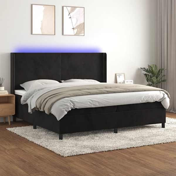 LED-valgustusega kontinentaalvoodi koos 2 madratsiga, must, 200 × 200 cm, samet — mudel 3139465