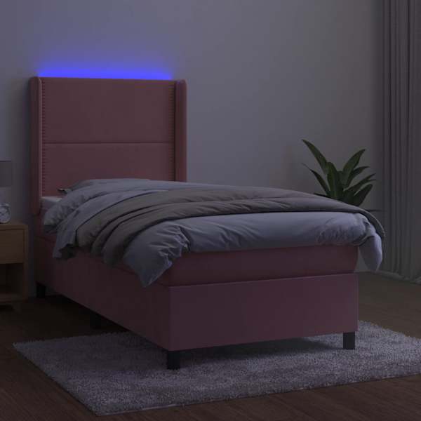 LED-valgustusega kontinentaalvoodi koos madratsiga, roosa, 90 × 190 cm, samet — mudel 3139480