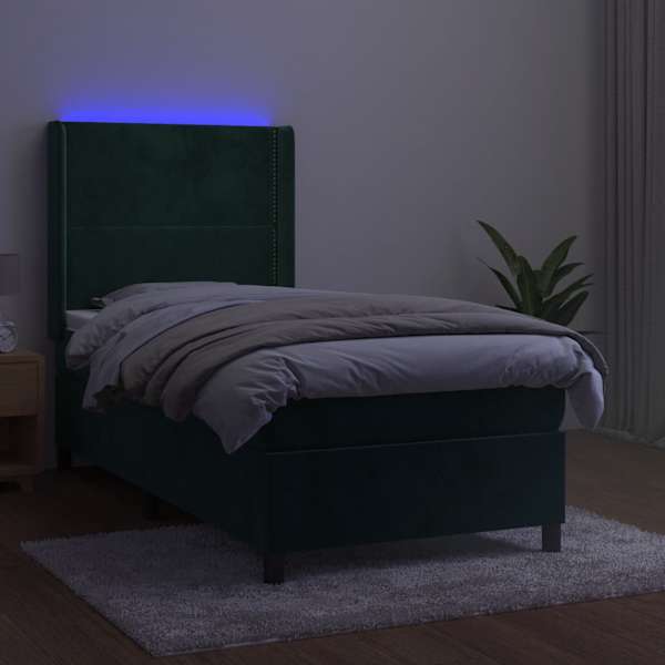 LED-valgustusega kontinentaalvoodi koos madratsiga, tumeroheline, 90 × 200 cm, samet — mudel 3139484