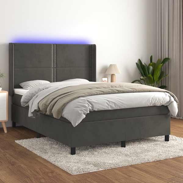LED-valgustusega kontinentaalvoodi koos madratsiga, tumehall, 140 × 190 cm, samet — mudel 3139500