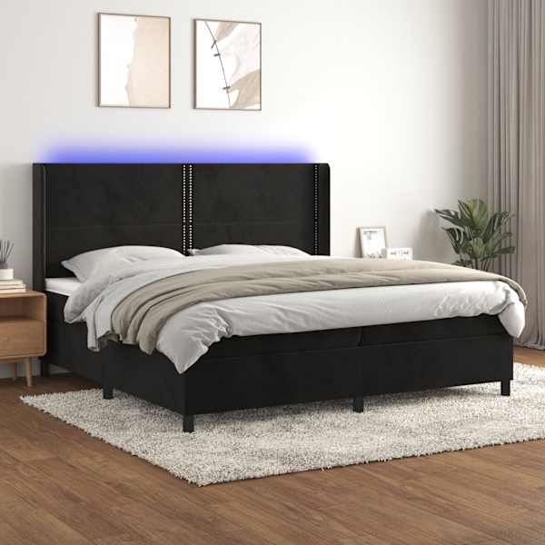 LED-valgustusega kontinentaalvoodi koos 2 madratsiga, must, 200 × 200 cm, samet — mudel 3139525