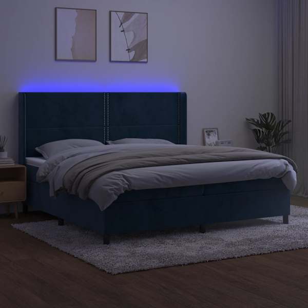 LED-valgustusega kontinentaalvoodi koos 2 madratsiga, tumesinine, 200 × 200 cm, samet — mudel 3139527