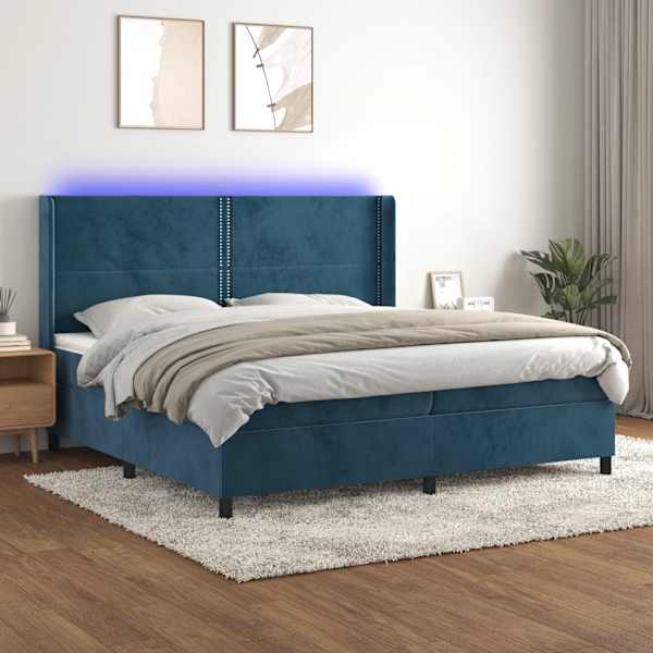 LED-valgustusega kontinentaalvoodi koos 2 madratsiga, tumesinine, 200 × 200 cm, samet — mudel 3139527