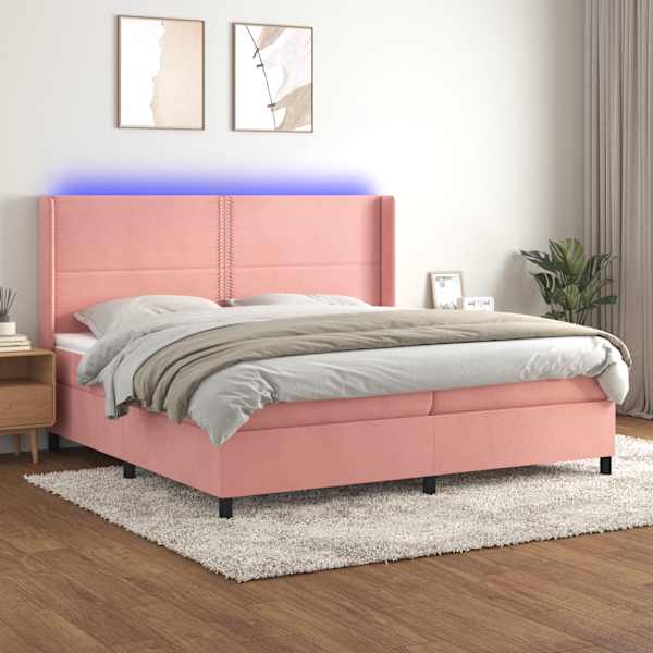 LED-valgustusega kontinentaalvoodi koos 2 madratsiga, roosa, 200 × 200 cm, samet — mudel 3139528