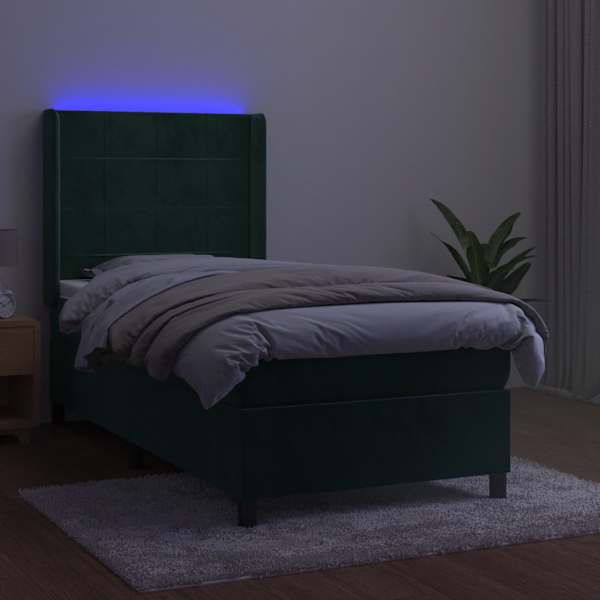 LED-valgustusega kontinentaalvoodi koos madratsiga, tumeroheline, 100 × 200 cm, samet — mudel 3139550