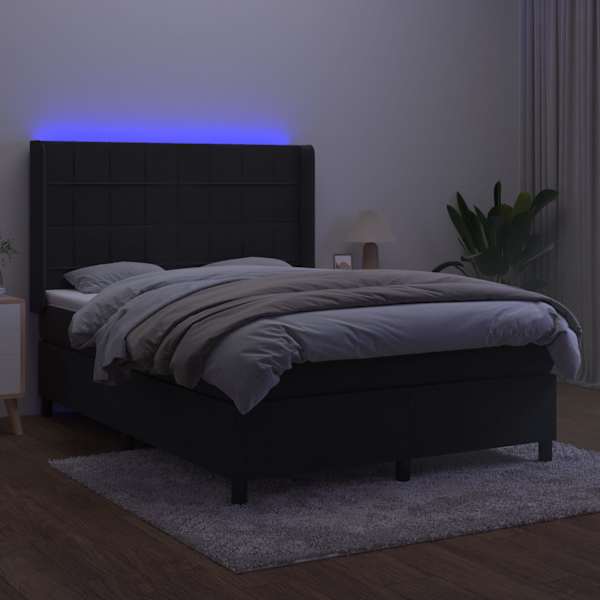 LED-valgustusega kontinentaalvoodi koos madratsiga, must, 140 × 190 cm, samet — mudel 3139561