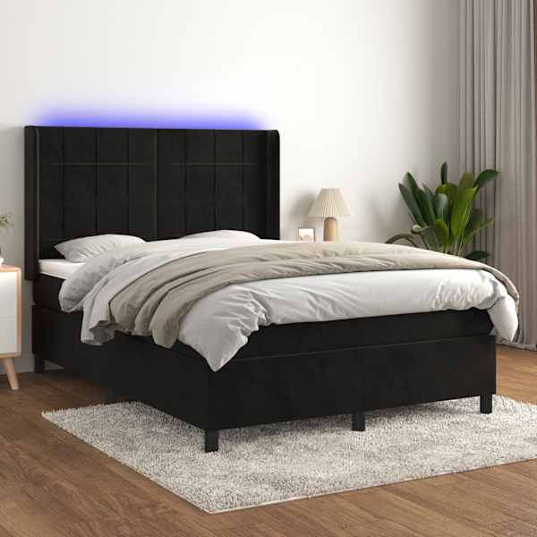 LED-valgustusega kontinentaalvoodi koos madratsiga, must, 140 × 190 cm, samet — mudel 3139561