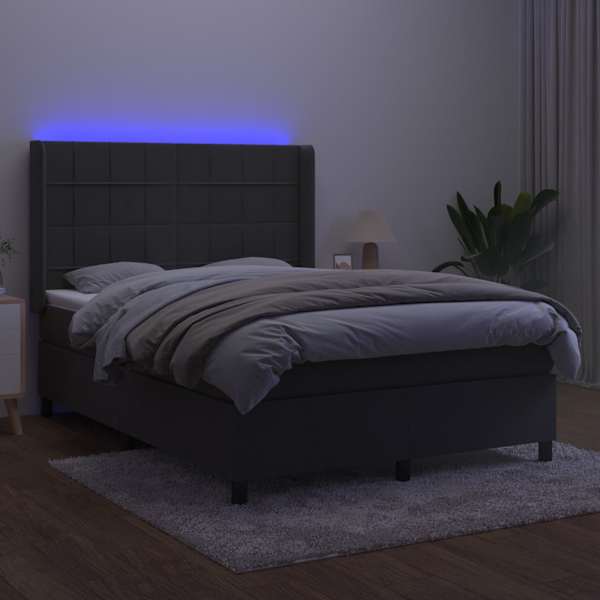 LED-valgustusega kontinentaalvoodi koos madratsiga, tumehall, 140 × 200 cm, samet — mudel 3139566