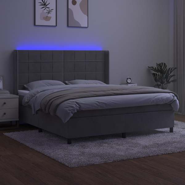 LED-valgustusega kontinentaalvoodi koos madratsiga, helehall, 160 × 200 cm, samet — mudel 3139571