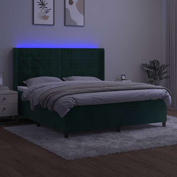 LED-valgustusega kontinentaalvoodi koos madratsiga, tumeroheline, 160 × 200 cm, samet — mudel 3139574