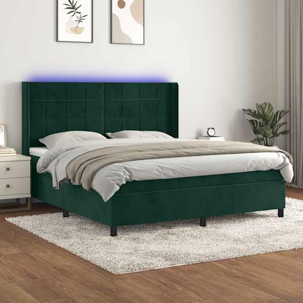 LED-valgustusega kontinentaalvoodi koos madratsiga, tumeroheline, 160 × 200 cm, samet — mudel 3139574