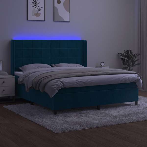 LED-valgustusega kontinentaalvoodi koos madratsiga, tumesinine, 180 × 200 cm, samet — mudel 3139581