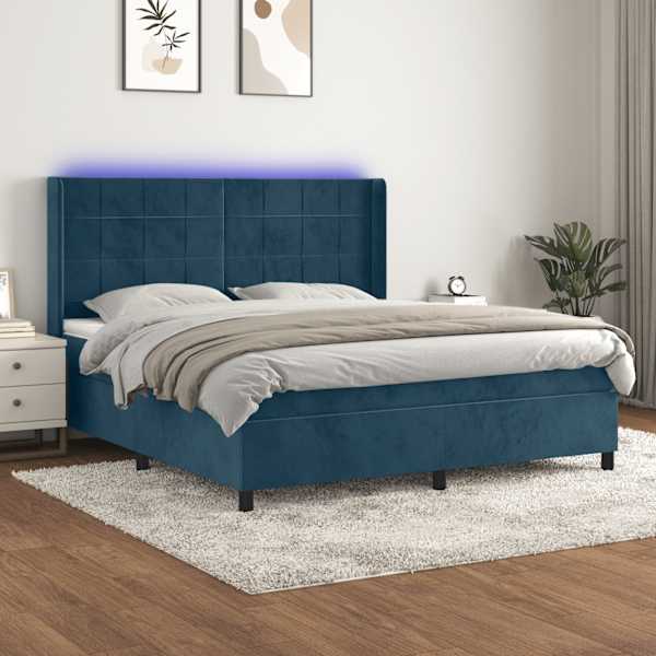 LED-valgustusega kontinentaalvoodi koos madratsiga, tumesinine, 180 × 200 cm, samet — mudel 3139581
