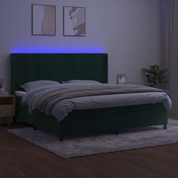 LED-valgustusega kontinentaalvoodi koos 2 madratsiga, tumeroheline, 200 × 200 cm, samet — mudel 3139586