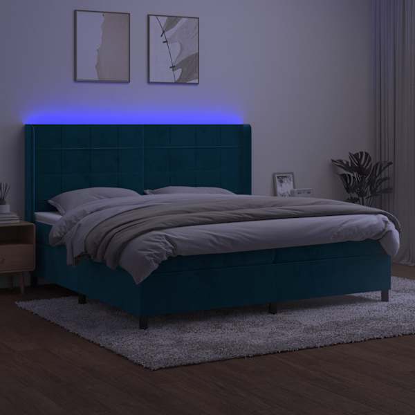 LED-valgustusega kontinentaalvoodi koos 2 madratsiga, tumesinine, 200 × 200 cm, samet — mudel 3139587