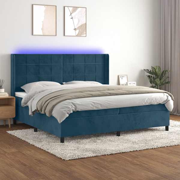 LED-valgustusega kontinentaalvoodi koos 2 madratsiga, tumesinine, 200 × 200 cm, samet — mudel 3139587