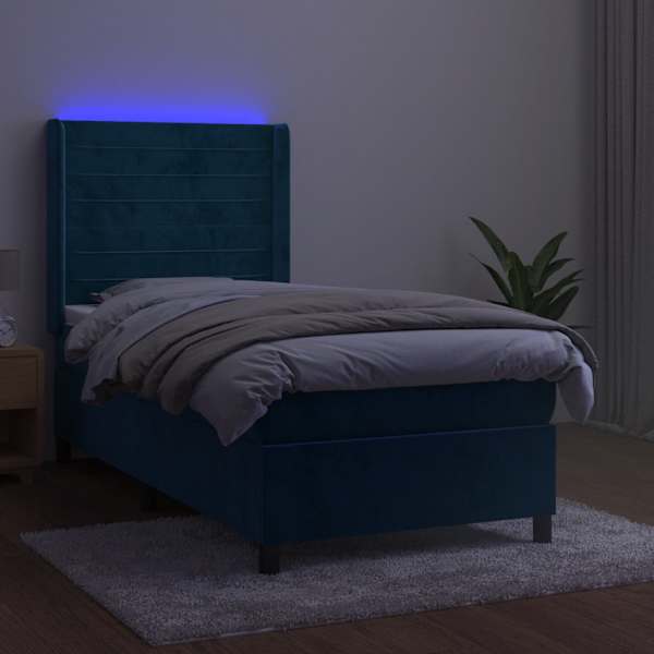 LED-valgustusega kontinentaalvoodi koos madratsiga, tumesinine, 80 × 200 cm, samet — mudel 3139593