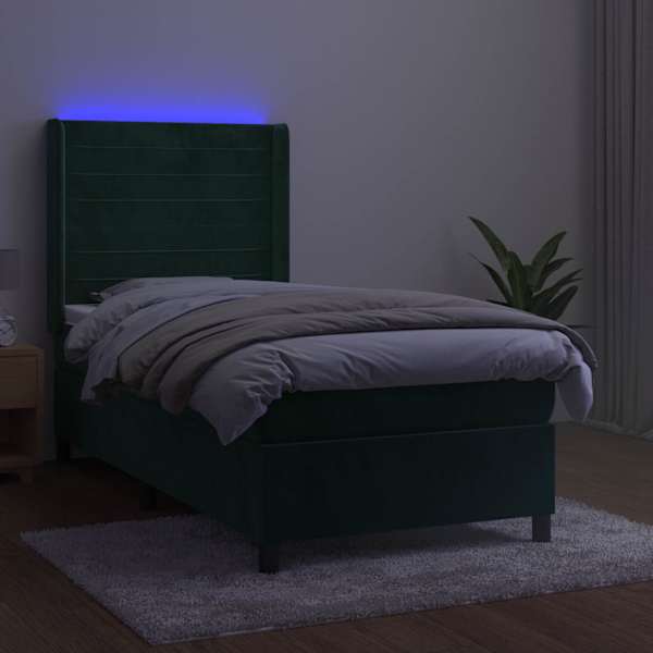 LED-valgustusega kontinentaalvoodi koos madratsiga, tumeroheline, 90 × 190 cm, samet — mudel 3139598