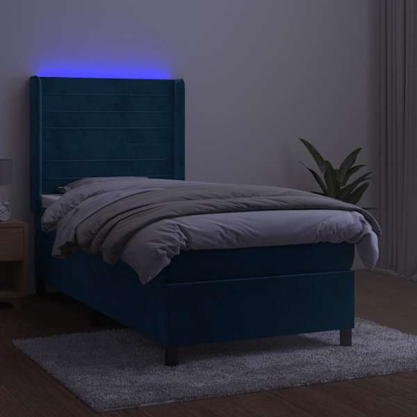 LED-valgustusega kontinentaalvoodi koos madratsiga, tumesinine, 90 × 190 cm, samet — mudel 3139599