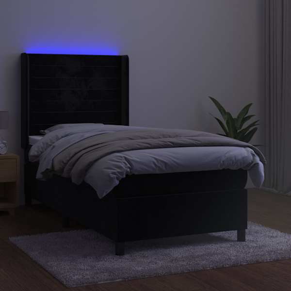 LED-valgustusega kontinentaalvoodi koos madratsiga, must, 90 × 200 cm, samet — mudel 3139603