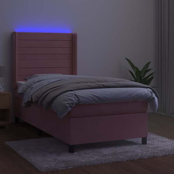 LED-valgustusega kontinentaalvoodi koos madratsiga, roosa, 90 × 200 cm, samet — mudel 3139606