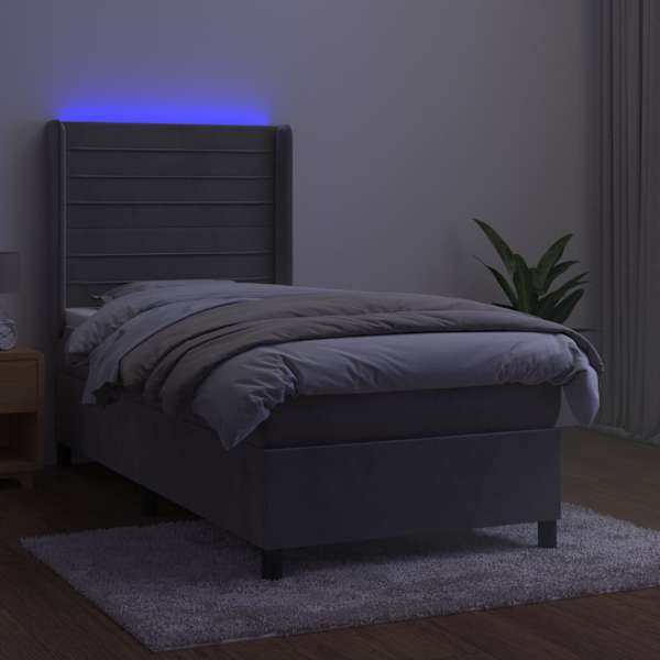 LED-valgustusega kontinentaalvoodi koos madratsiga, helehall, 100 × 200 cm, samet — mudel 3139607