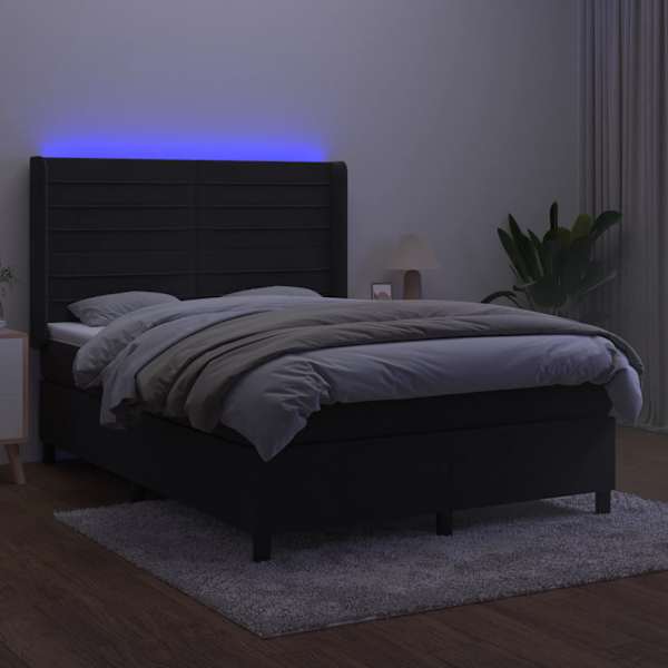 LED-valgustusega kontinentaalvoodi koos madratsiga, must, 140 × 190 cm, samet — mudel 3139621