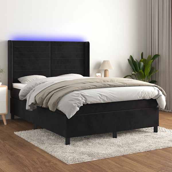 LED-valgustusega kontinentaalvoodi koos madratsiga, must, 140 × 190 cm, samet — mudel 3139621