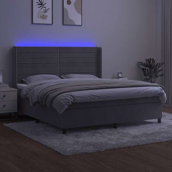 LED-valgustusega kontinentaalvoodi koos madratsiga, helehall, 160 × 200 cm, samet — mudel 3139631
