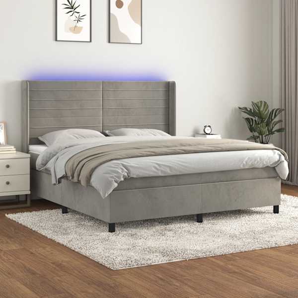 LED-valgustusega kontinentaalvoodi koos madratsiga, helehall, 160 × 200 cm, samet — mudel 3139631