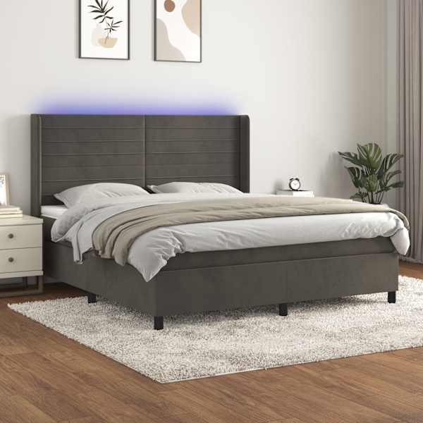 LED-valgustusega kontinentaalvoodi koos madratsiga, tumehall, 160 × 200 cm, samet — mudel 3139632