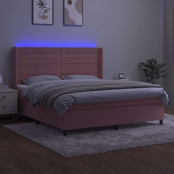LED-valgustusega kontinentaalvoodi koos madratsiga, roosa, 160 × 200 cm, samet — mudel 3139636