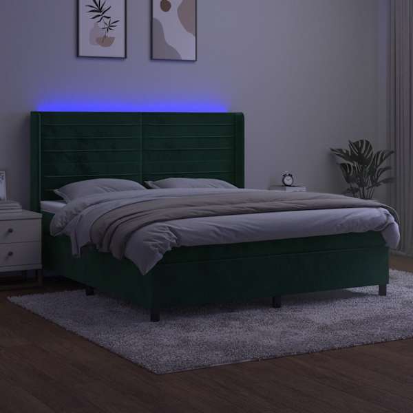 LED-valgustusega kontinentaalvoodi koos madratsiga, tumeroheline, 180 × 200 cm, samet — mudel 3139640