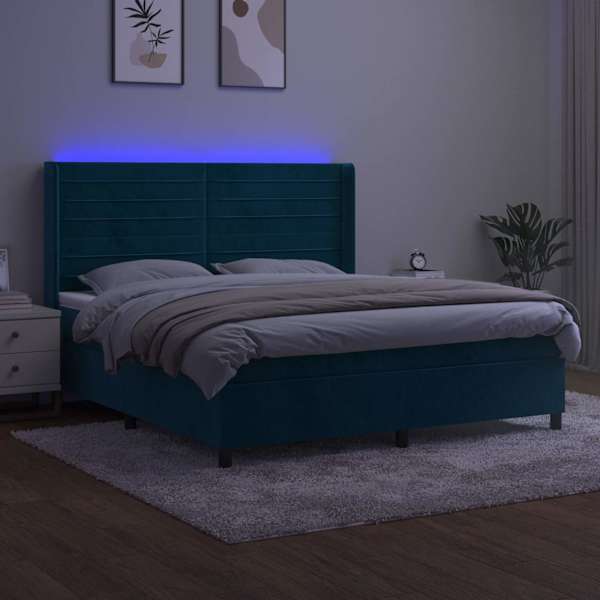 LED-valgustusega kontinentaalvoodi koos madratsiga, tumesinine, 180 × 200 cm, samet — mudel 3139641