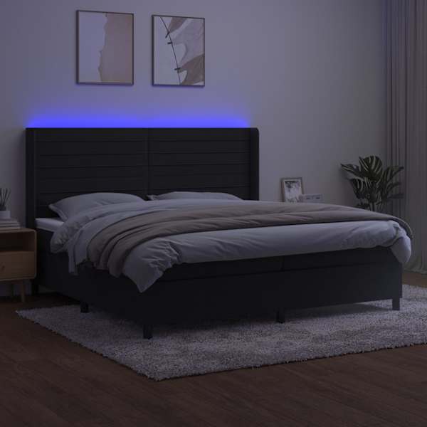 LED-valgustusega kontinentaalvoodi koos 2 madratsiga, must, 200 × 200 cm, samet — mudel 3139645