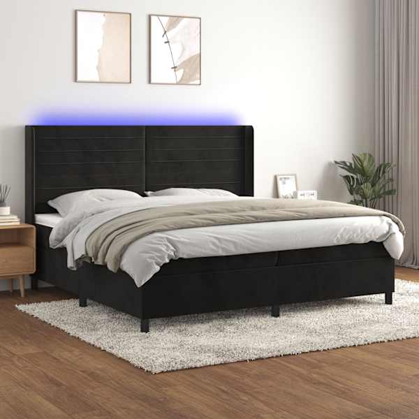 LED-valgustusega kontinentaalvoodi koos 2 madratsiga, must, 200 × 200 cm, samet — mudel 3139645