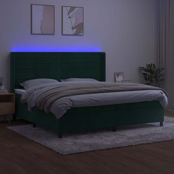 LED-valgustusega kontinentaalvoodi koos 2 madratsiga, tumeroheline, 200 × 200 cm, samet — mudel 3139646
