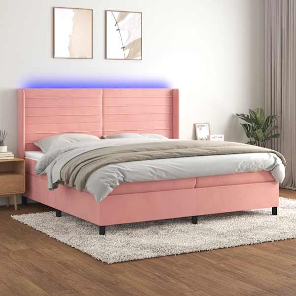 LED-valgustusega kontinentaalvoodi koos 2 madratsiga, roosa, 200 × 200 cm, samet — mudel 3139648