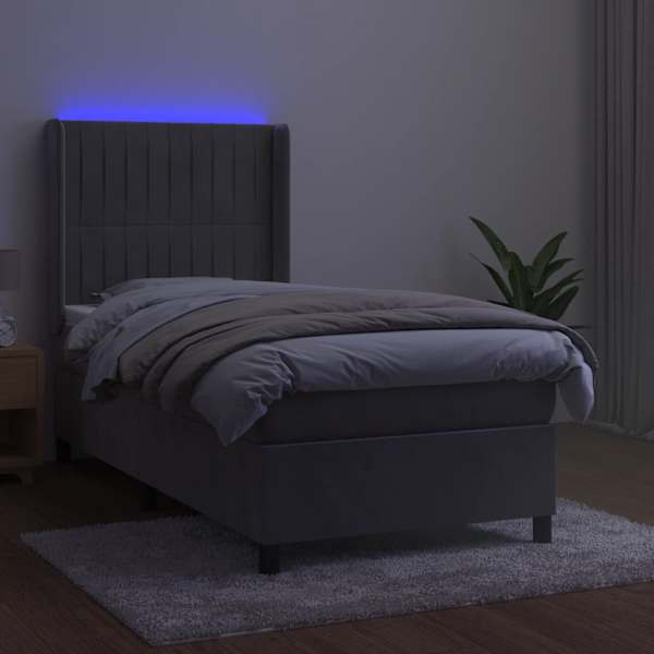 LED-valgustusega kontinentaalvoodi koos madratsiga, helehall, 90 × 200 cm, samet — mudel 3139661