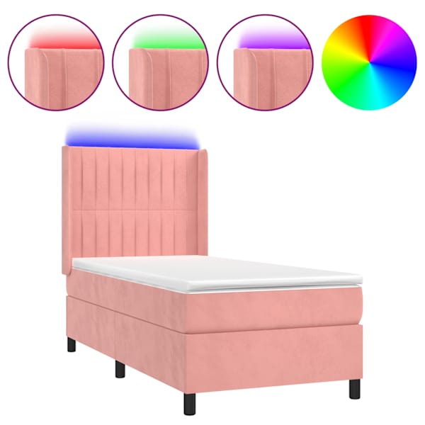 LED-valgustusega kontinentaalvoodi koos madratsiga, roosa, 90 × 200 cm, samet — mudel 3139666