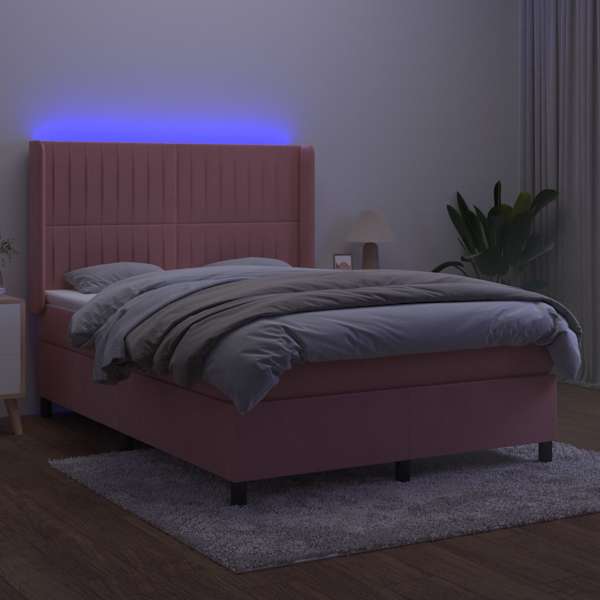 LED-valgustusega kontinentaalvoodi koos madratsiga, roosa, 140 × 190 cm, samet — mudel 3139684