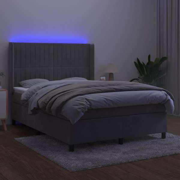 LED-valgustusega kontinentaalvoodi koos madratsiga, helehall, 140 × 200 cm, samet — mudel 3139685