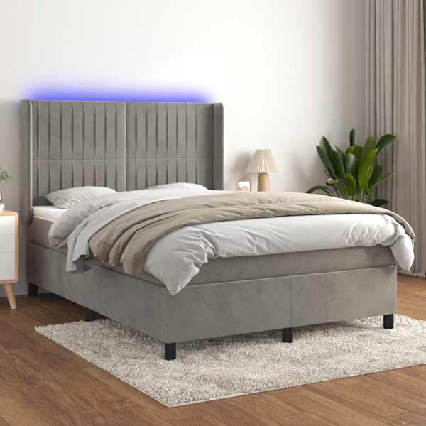 LED-valgustusega kontinentaalvoodi koos madratsiga, helehall, 140 × 200 cm, samet — mudel 3139685