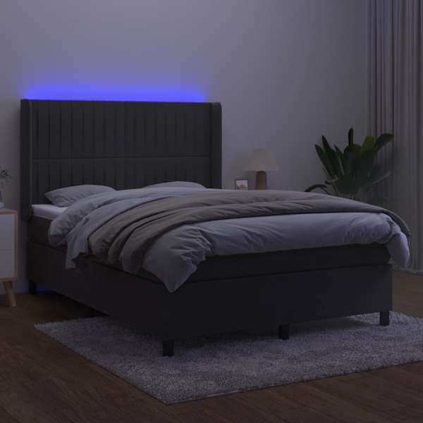 LED-valgustusega kontinentaalvoodi koos madratsiga, tumehall, 140 × 200 cm, samet — mudel 3139686