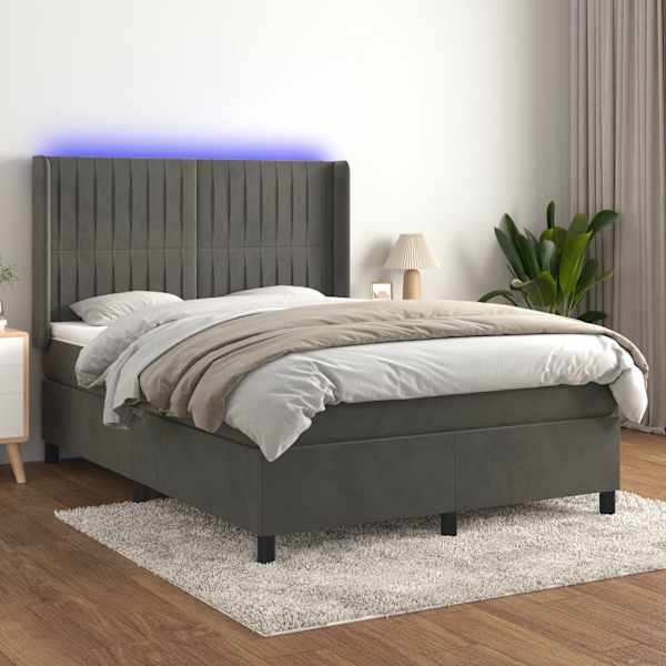 LED-valgustusega kontinentaalvoodi koos madratsiga, tumehall, 140 × 200 cm, samet — mudel 3139686