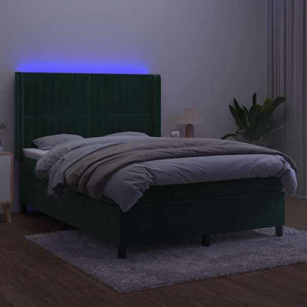LED-valgustusega kontinentaalvoodi koos madratsiga, tumeroheline, 140 × 200 cm, samet — mudel 3139688