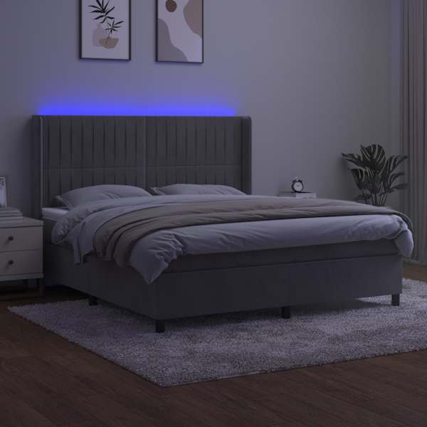 LED-valgustusega kontinentaalvoodi koos madratsiga, helehall, 160 × 200 cm, samet — mudel 3139691