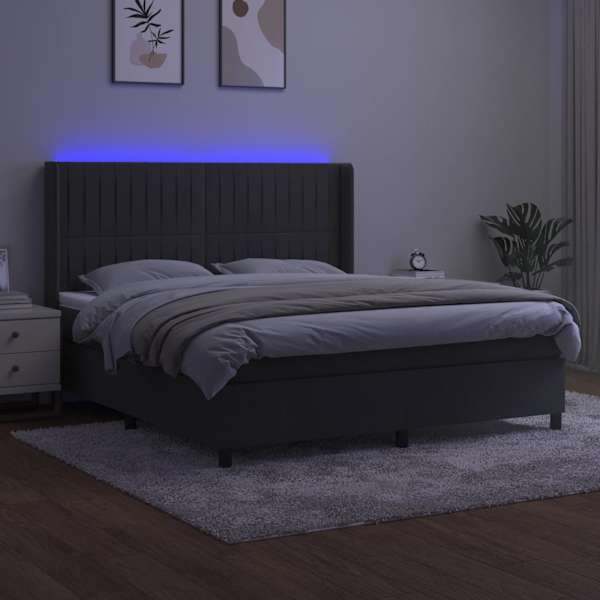 LED-valgustusega kontinentaalvoodi koos madratsiga, tumehall, 160 × 200 cm, samet — mudel 3139692