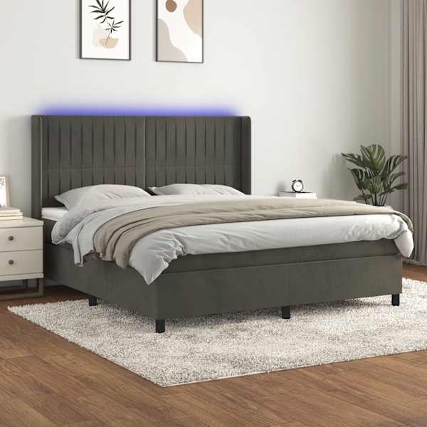 LED-valgustusega kontinentaalvoodi koos madratsiga, tumehall, 160 × 200 cm, samet — mudel 3139692