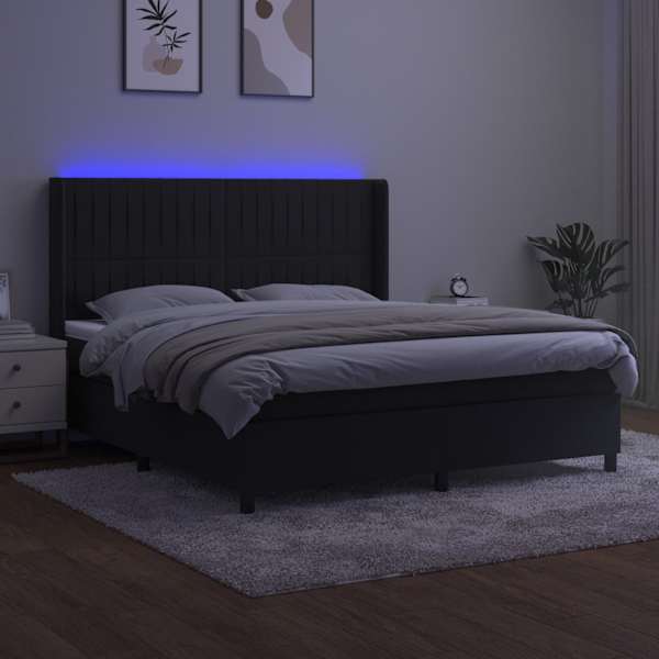 LED-valgustusega kontinentaalvoodi koos madratsiga, must, 160 × 200 cm, samet — mudel 3139693